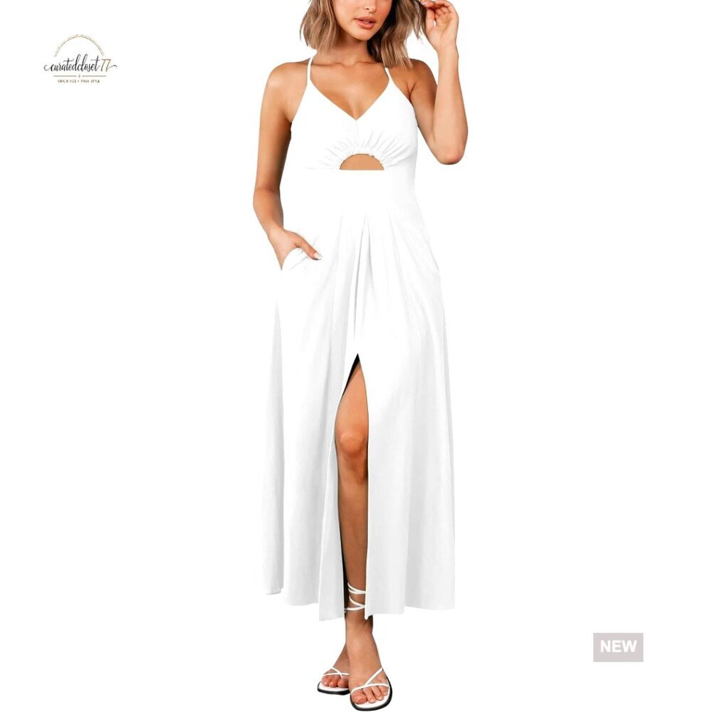 Spaghetti Strap Maxi Dress with Cutout and Pockets, Sleeveless V-Neck